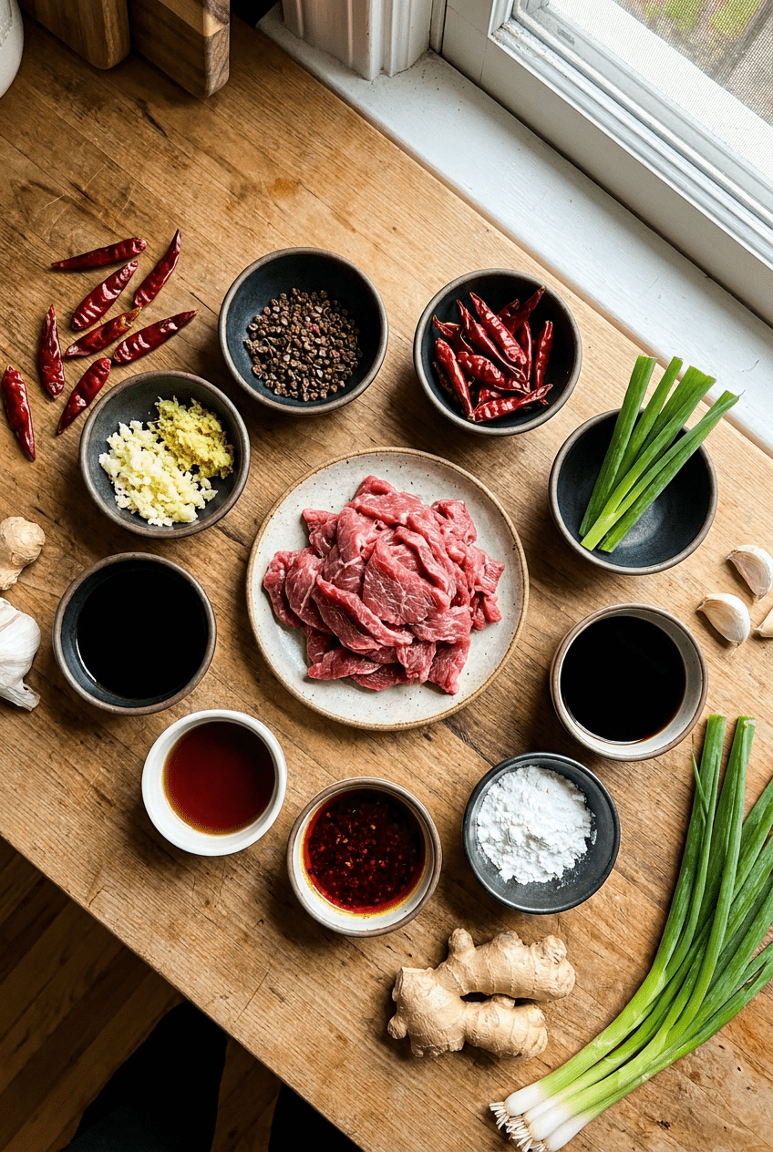 ingredients for Fiery Szechuan Beef Stir-Fry