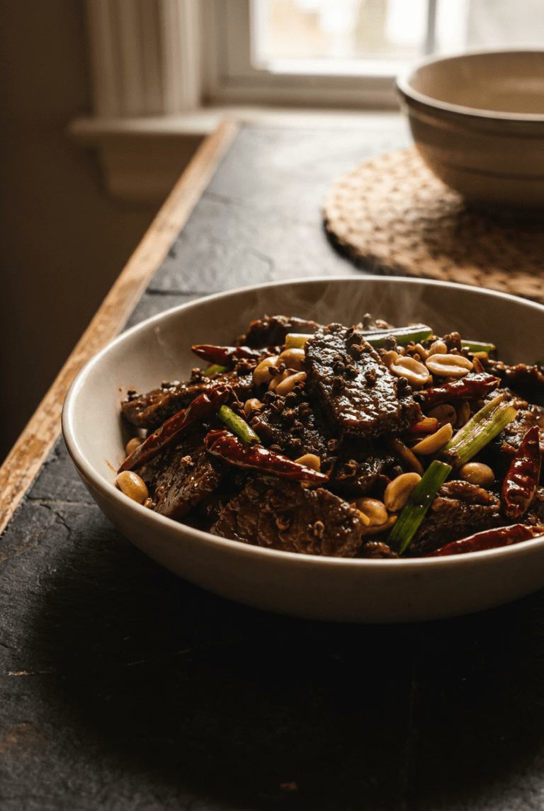 fiery szechuan beef stir-fry recipe - Fiery Szechuan Beef Stir-Fry served in a white bowl overhead view