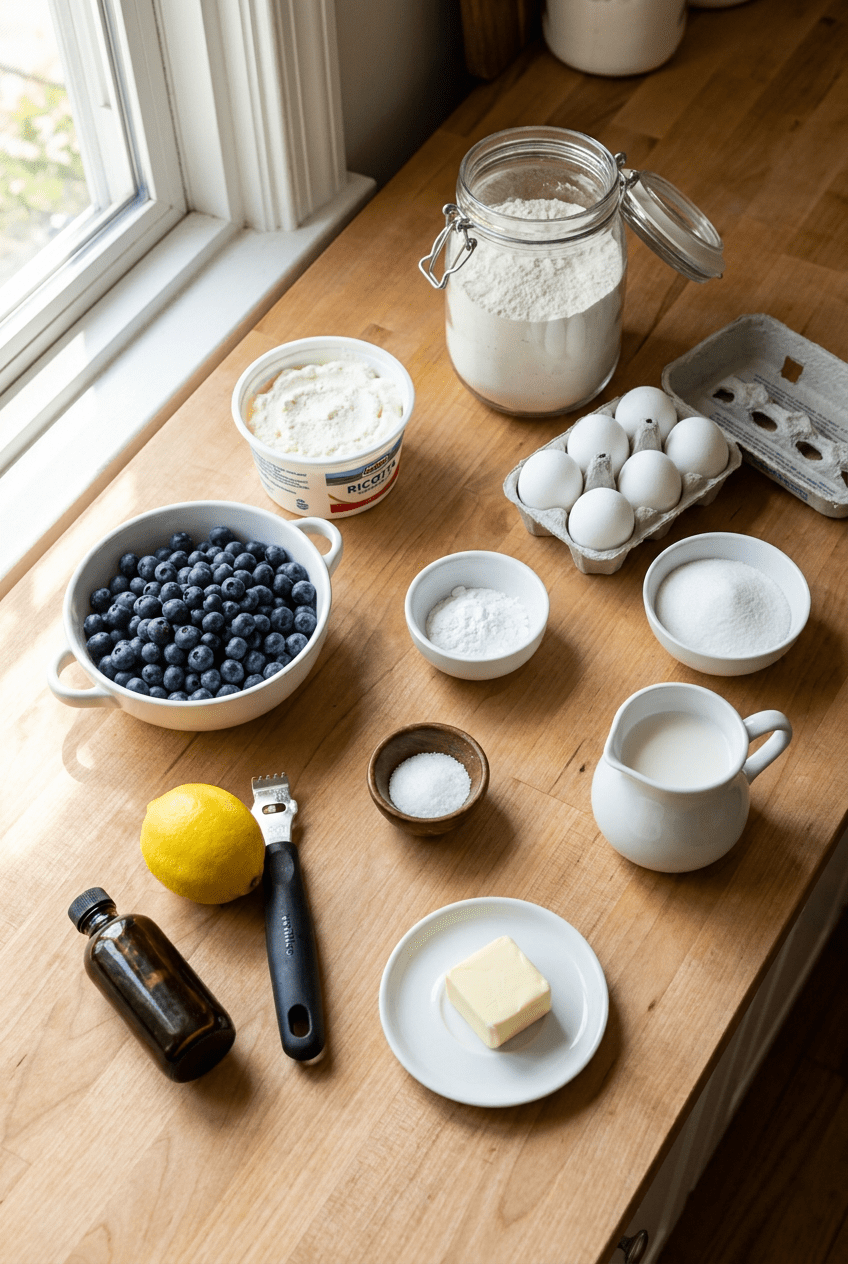 ingredients for Fluffy Blueberry Lemon Ricotta Pancakes