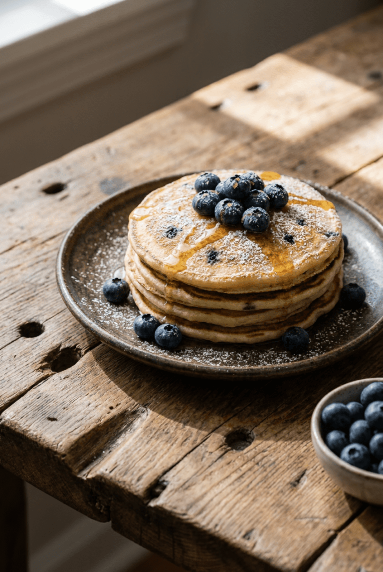 fluffy blueberry lemon ricotta pancakes recipe - Fluffy Blueberry Lemon Ricotta Pancakes served in a white bowl overhead view