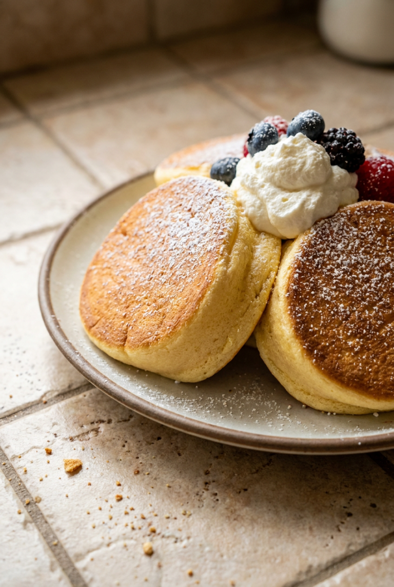 fluffy japanese souffle pancakes recipe - Fluffy Japanese Souffle Pancakes served in a white bowl overhead view