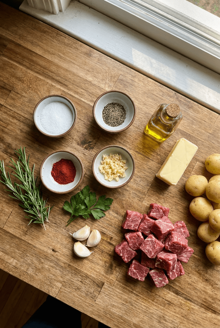 ingredients for Garlic Butter Steak Bites with Crispy Smashed Potatoes