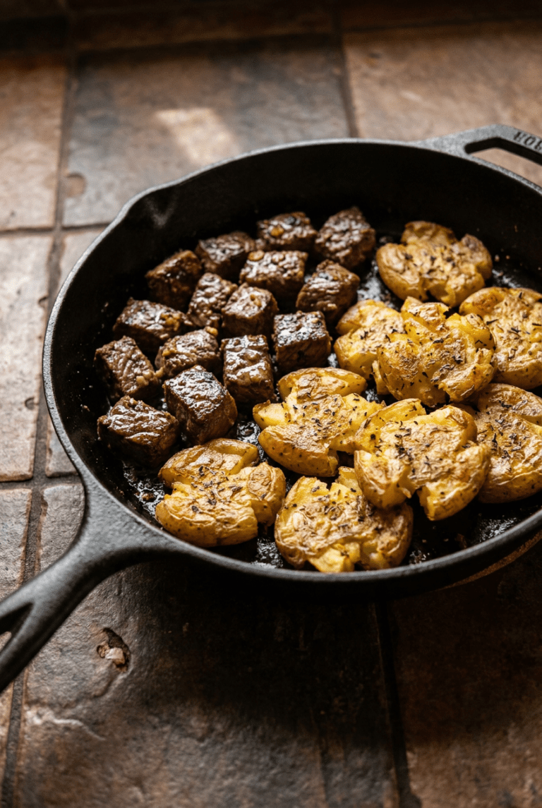 garlic butter steak bites with crispy smashed potatoes recipe - Garlic Butter Steak Bites with Crispy Smashed Potatoes served in a white bowl overhead view