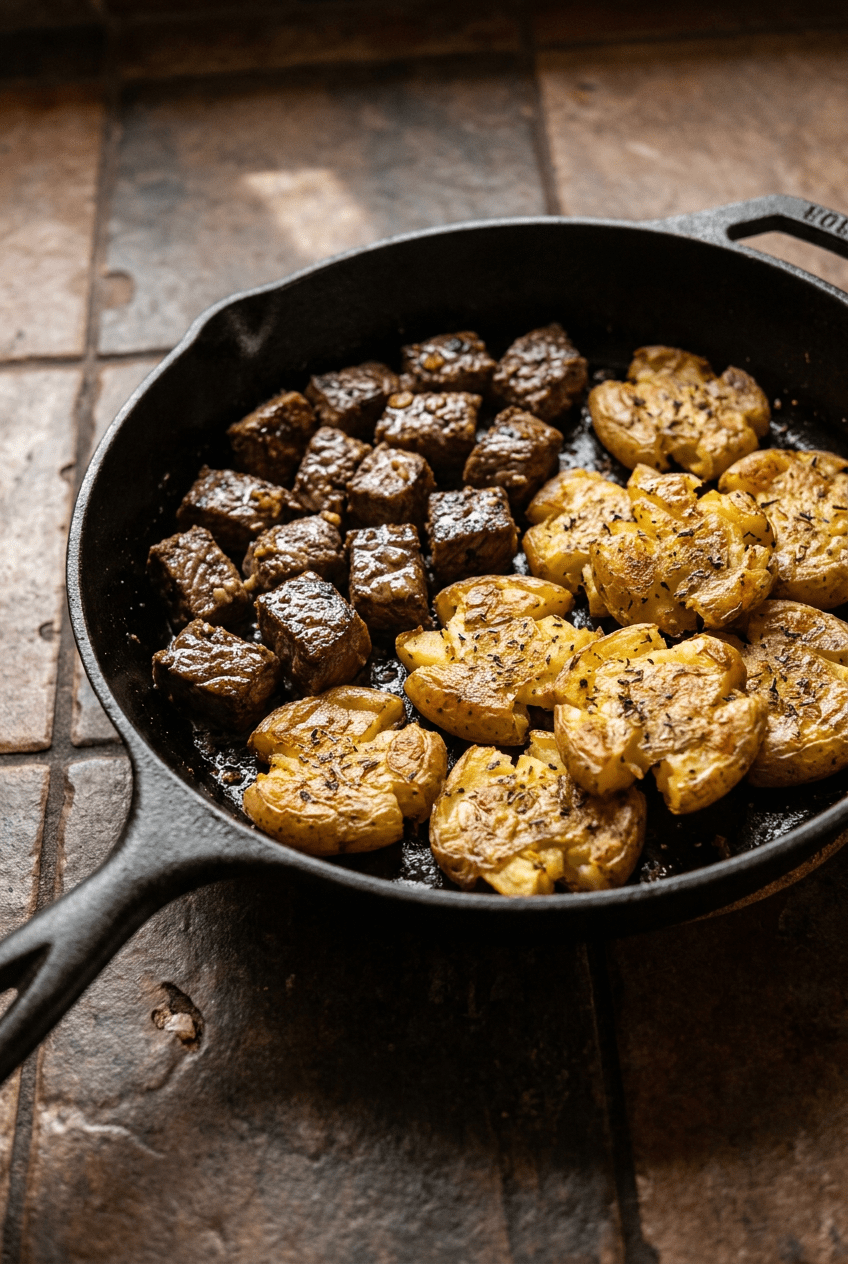 garlic butter steak bites with crispy smashed potatoes recipe - Garlic Butter Steak Bites with Crispy Smashed Potatoes served in a white bowl overhead view