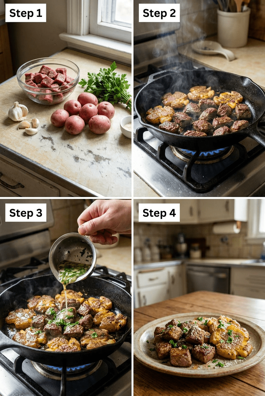 how to make Garlic Butter Steak Bites with Crispy Smashed Potatoes step by step