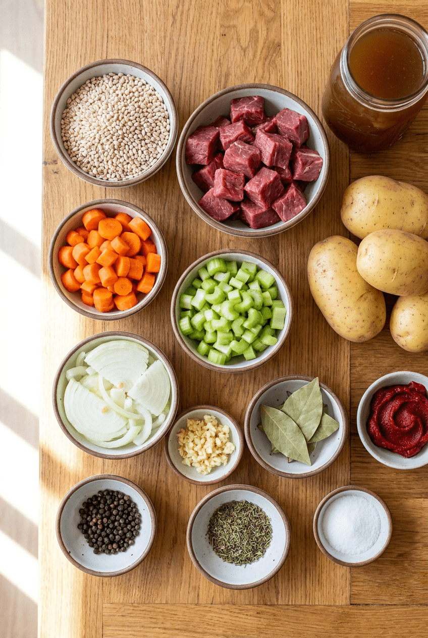 ingredients for Hearty Classic Beef and Barley Soup