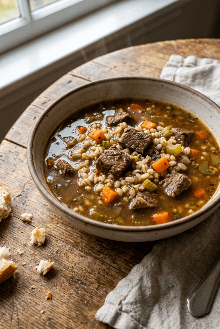 hearty classic beef and barley soup recipe - Hearty Classic Beef and Barley Soup served in a white bowl overhead view