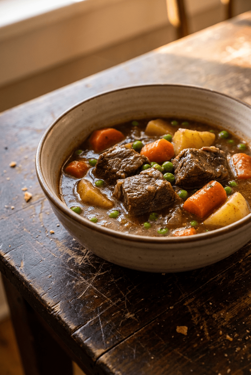 hearty classic beef stew recipe - Hearty Classic Beef Stew served in a white bowl overhead view