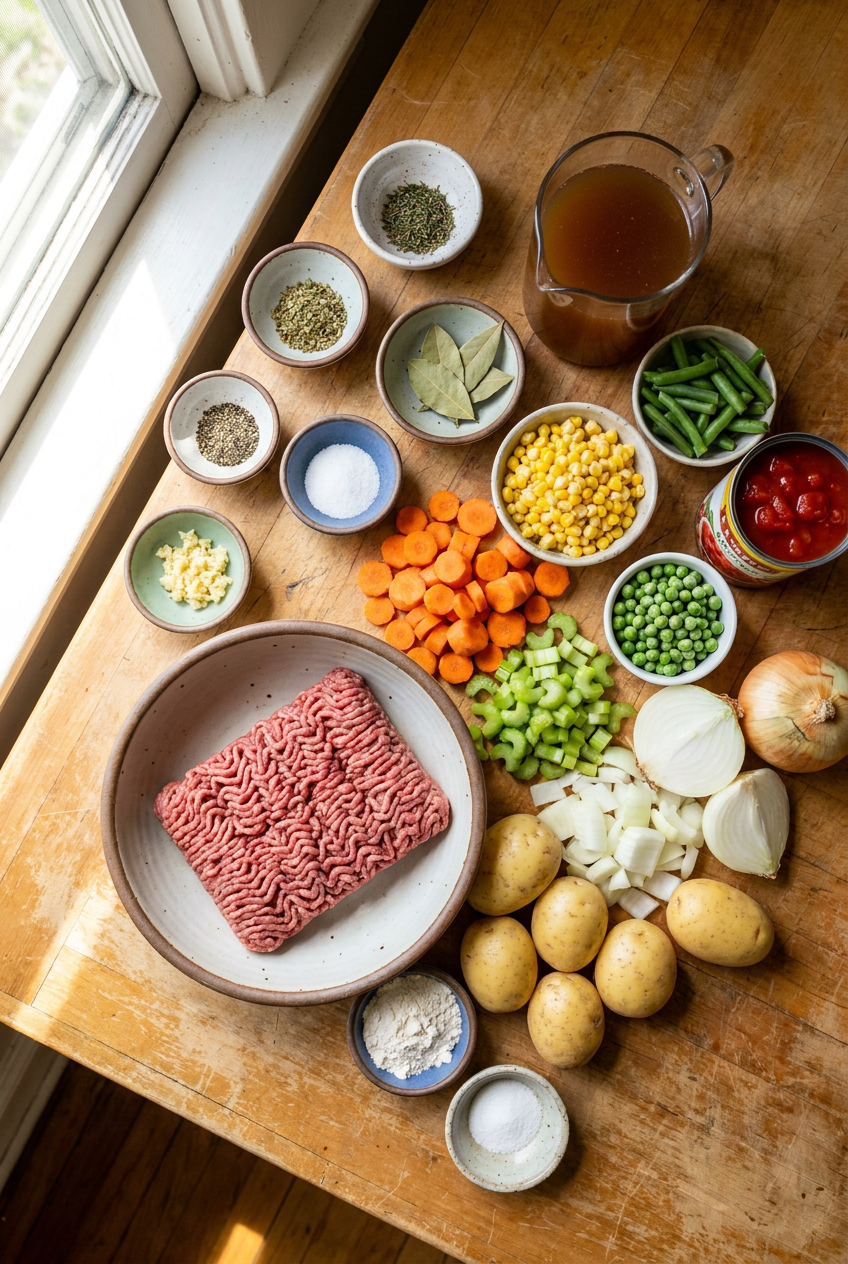 ingredients for Hearty Ground Beef and Vegetable Soup