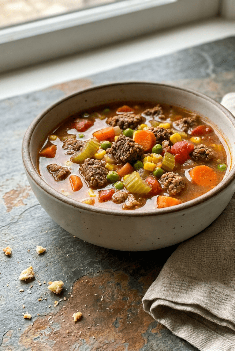 hearty ground beef and vegetable soup recipe - Hearty Ground Beef and Vegetable Soup served in a white bowl overhead view