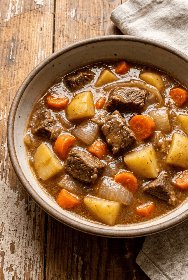 hearty homestyle easy beef stew recipe - Hearty Homestyle Easy Beef Stew served in a white bowl overhead view