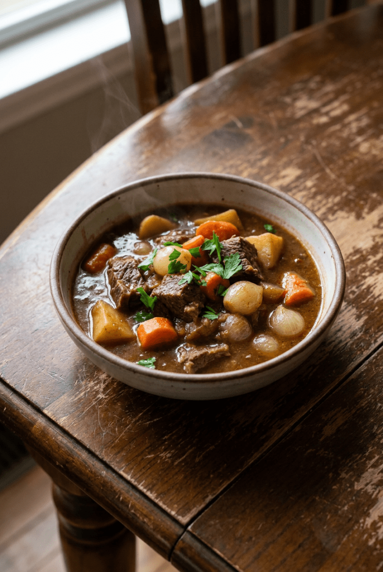 hearty instant pot beef stew recipe - Hearty Instant Pot Beef Stew served in a white bowl overhead view