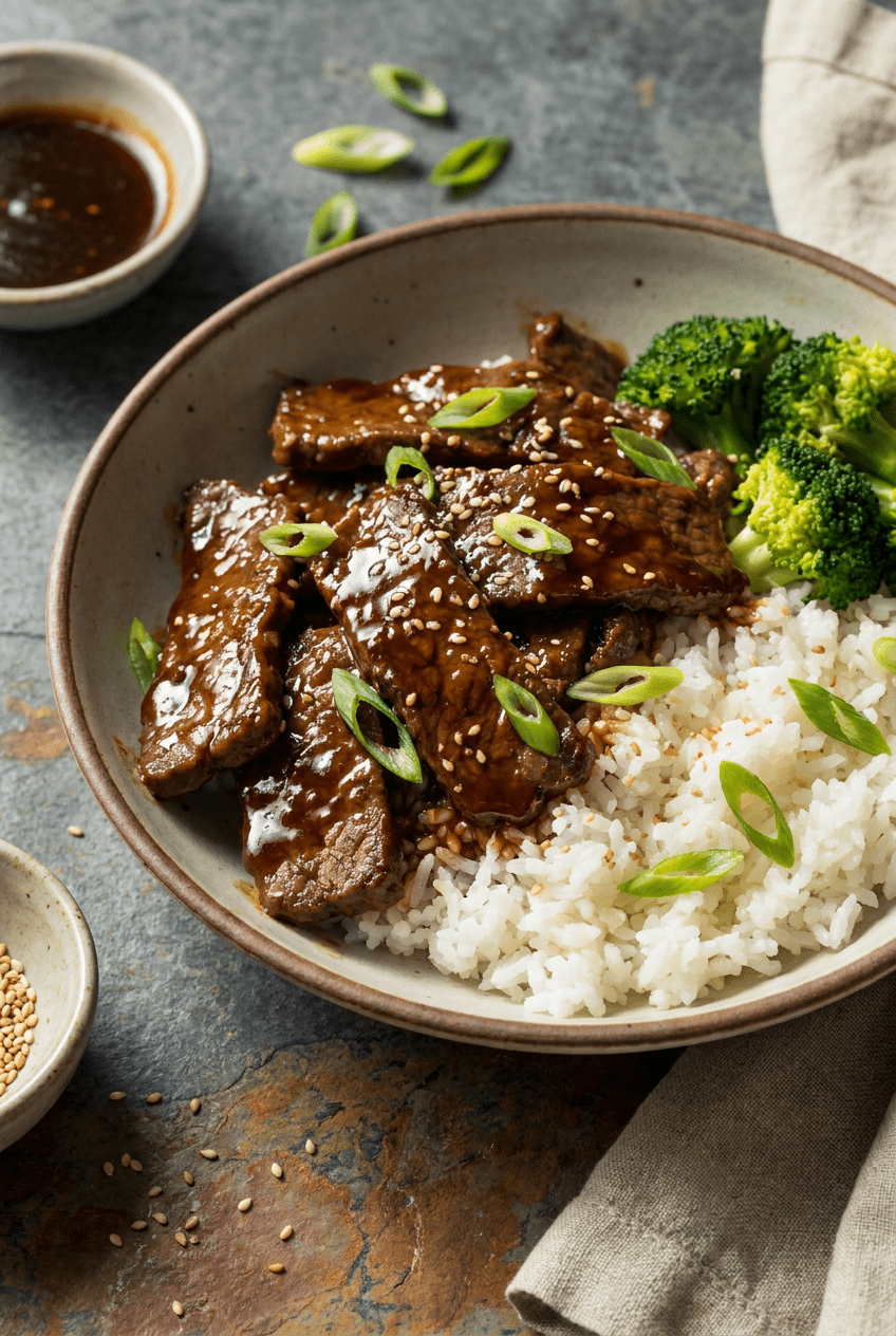 homemade beef teriyaki bowl recipe - Homemade Beef Teriyaki Bowl served in a white bowl overhead view