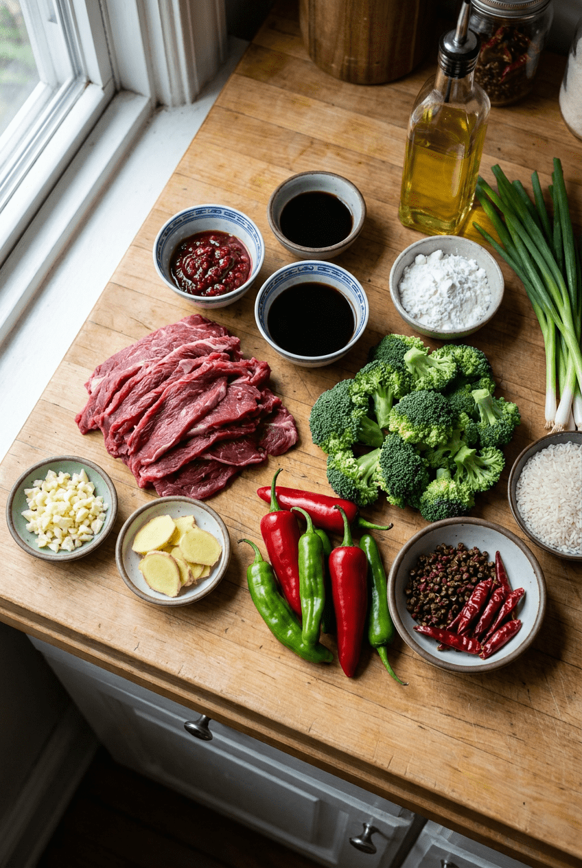 ingredients for Hunan Beef with Blistered Peppers and Broccoli