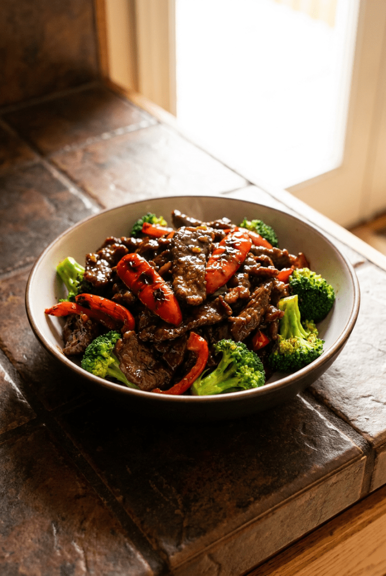 hunan beef with blistered peppers and broccoli recipe - Hunan Beef with Blistered Peppers and Broccoli served in a white bowl overhead view