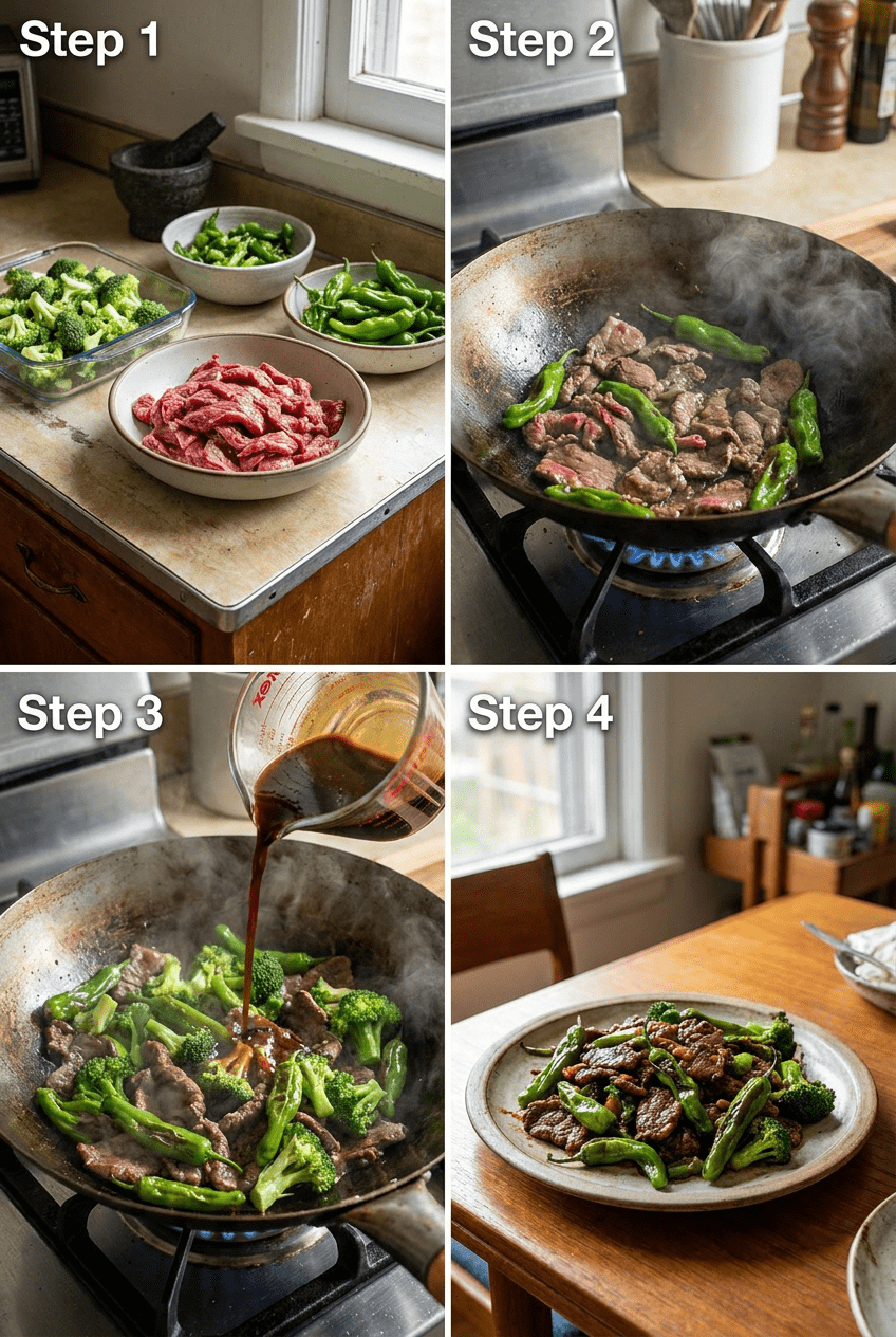 how to make Hunan Beef with Blistered Peppers and Broccoli step by step