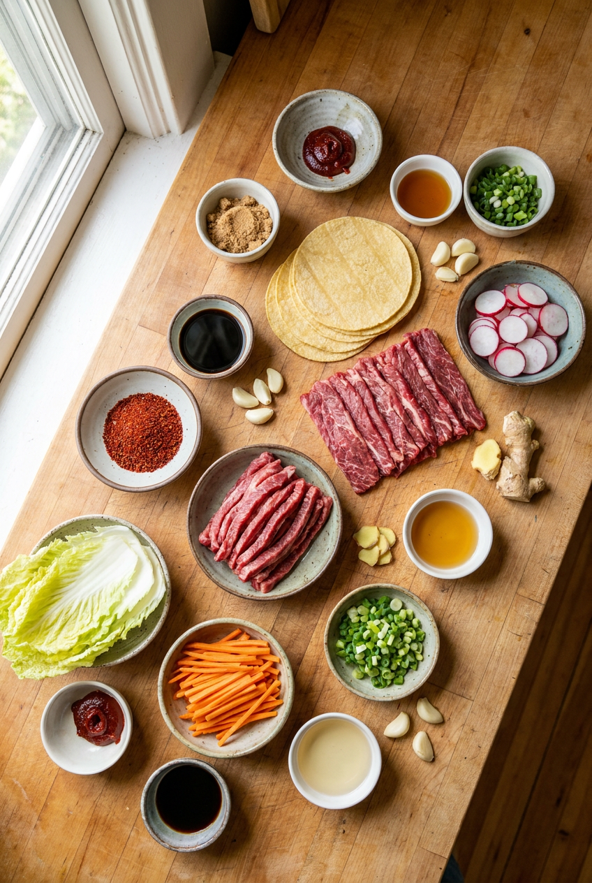 ingredients for Korean BBQ Beef Tacos with Quick Kimchi Slaw