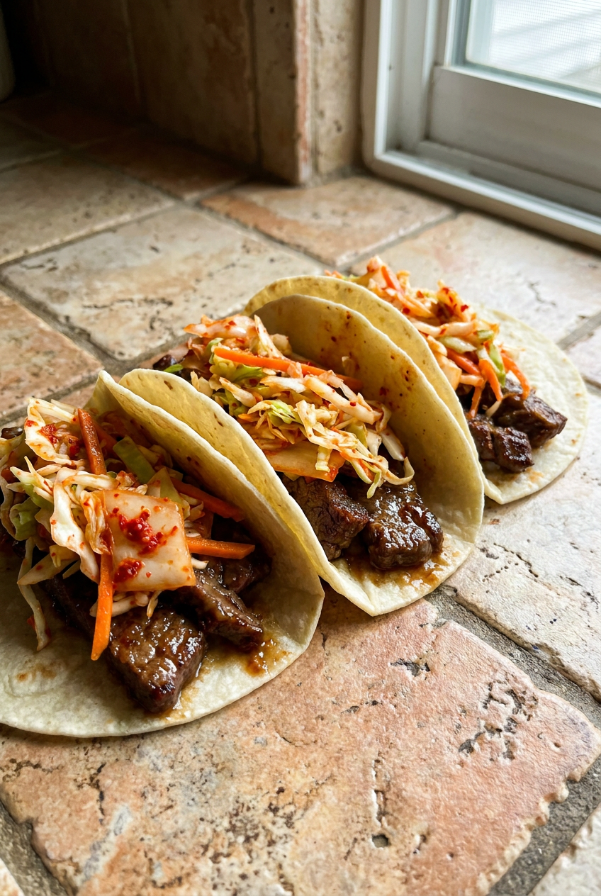 Korean BBQ Beef Tacos with Quick Kimchi Slaw