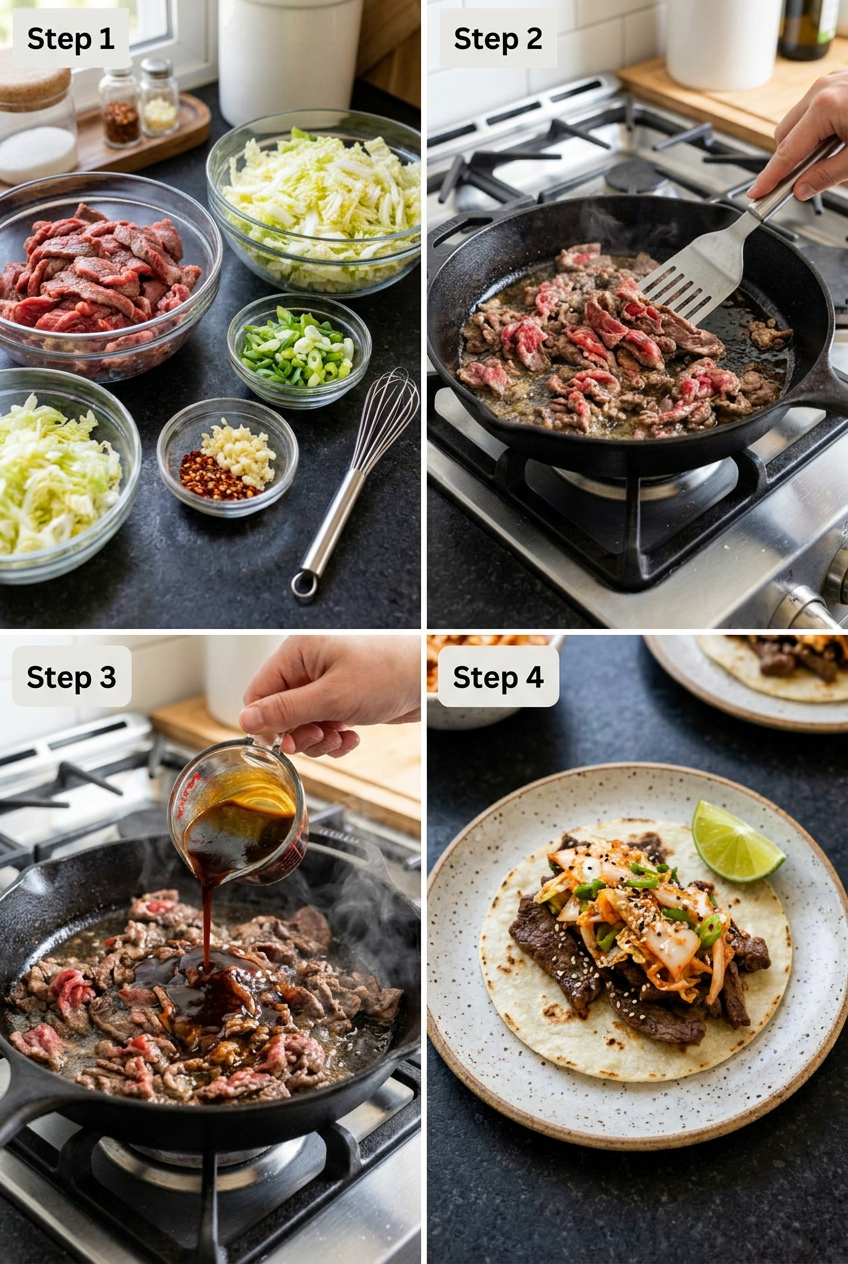 how to make Korean BBQ Beef Tacos with Quick Kimchi Slaw step by step