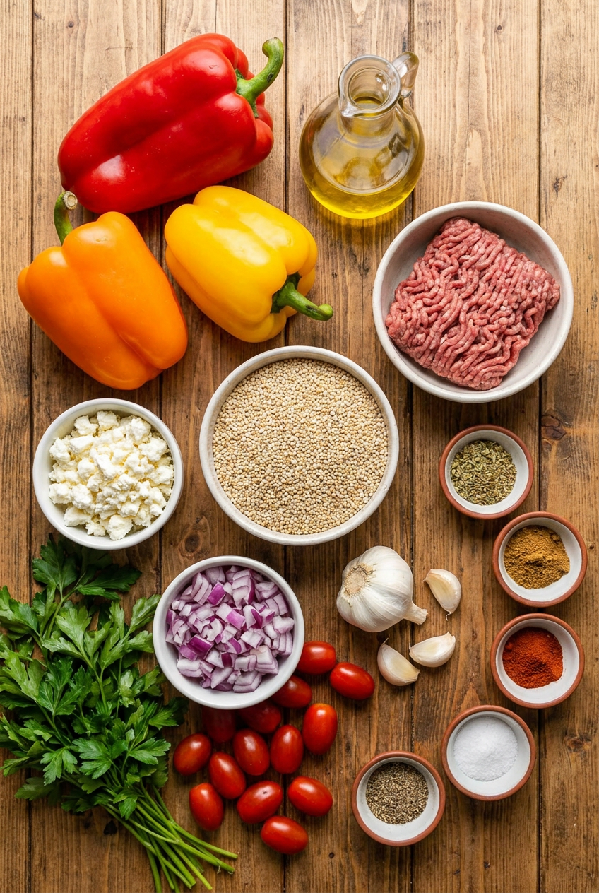 ingredients for Mediterranean Quinoa-Stuffed Bell Peppers with Lean Ground Beef and Feta