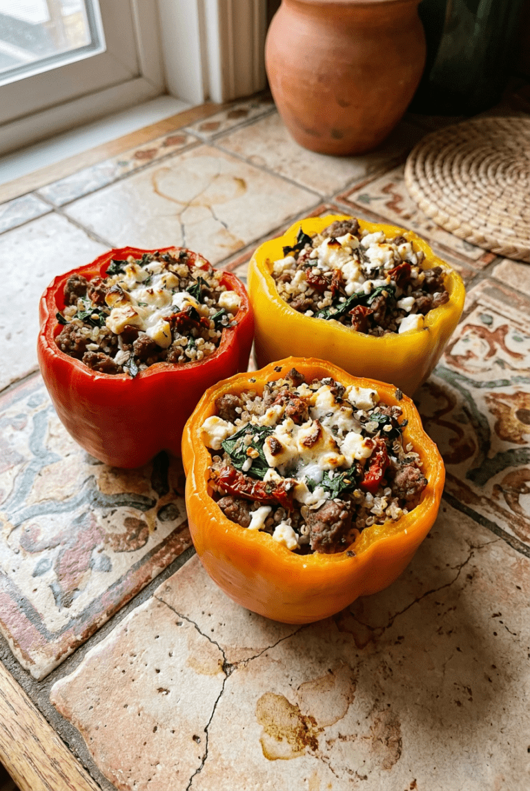 mediterranean quinoa-stuffed bell peppers with lean ground beef and feta recipe - Mediterranean Quinoa-Stuffed Bell Peppers with Lean Ground Beef and Feta served in a white bowl overhead view