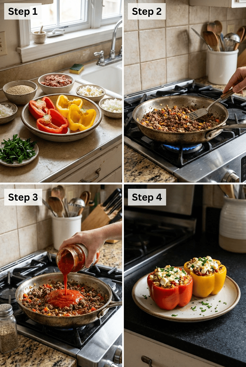 how to make Mediterranean Quinoa-Stuffed Bell Peppers with Lean Ground Beef and Feta step by step