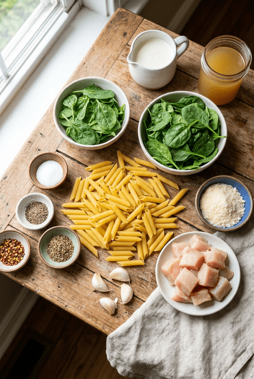 ingredients for One Pot Creamy Garlic Chicken Pasta with Spinach