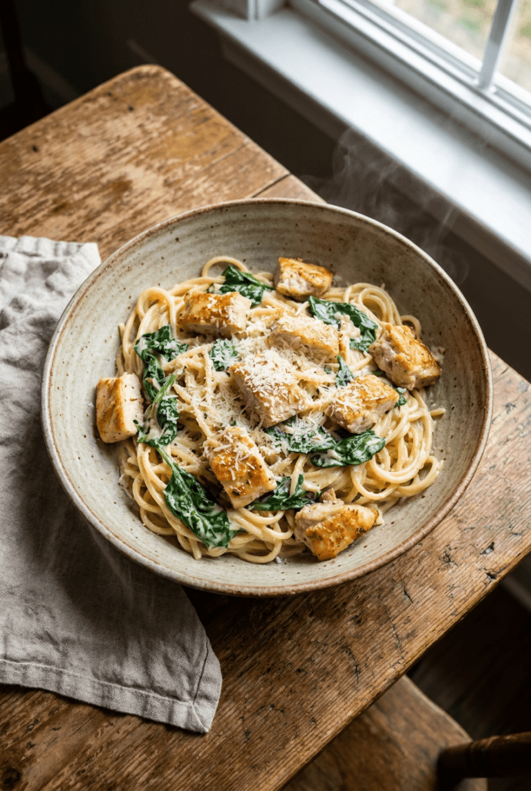 one pot creamy garlic chicken pasta with spinach recipe - One Pot Creamy Garlic Chicken Pasta with Spinach served in a white bowl overhead view