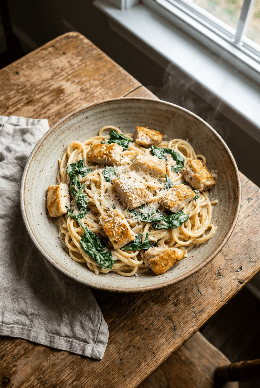 One Pot Creamy Garlic Chicken Pasta with Spinach