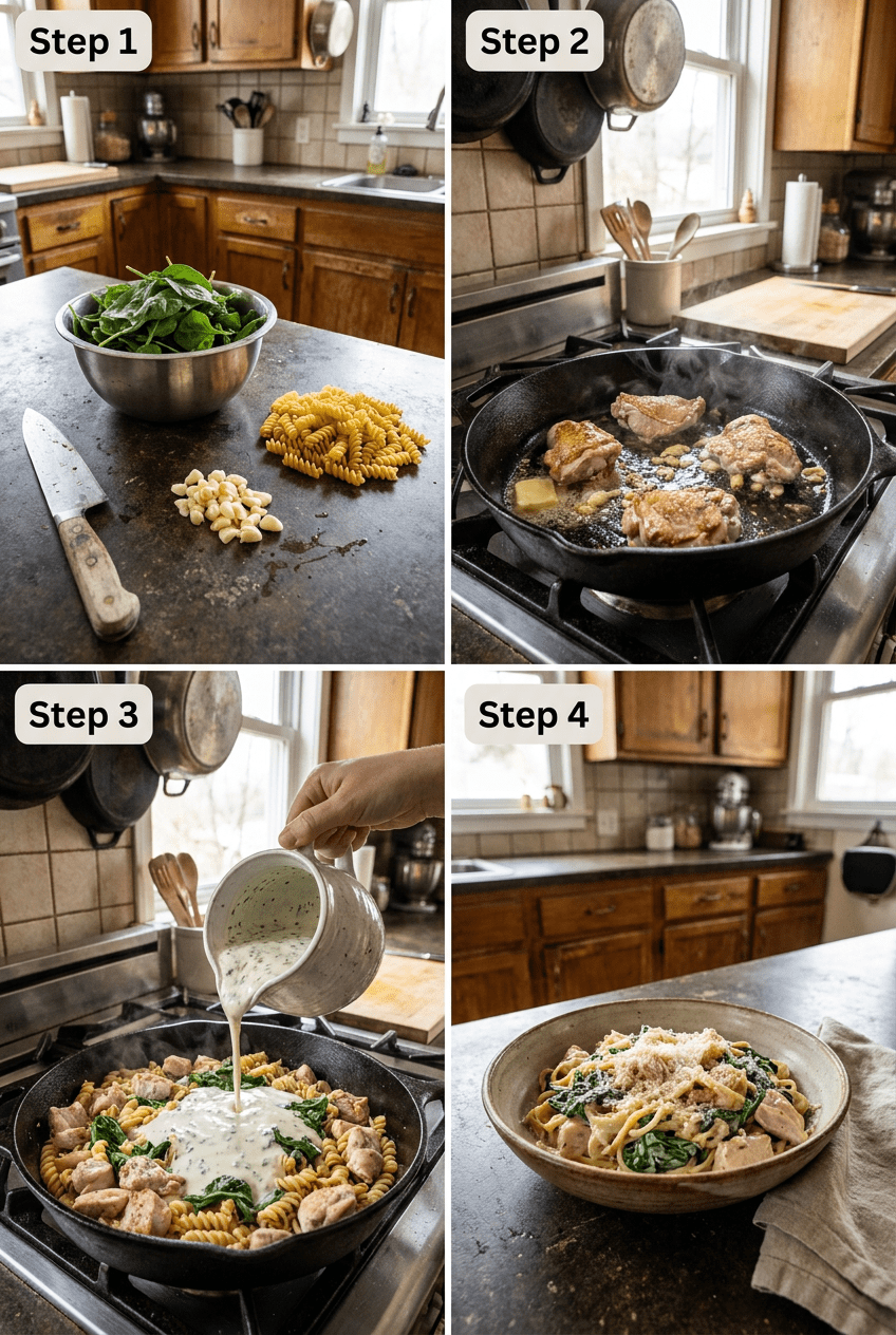 how to make One Pot Creamy Garlic Chicken Pasta with Spinach step by step