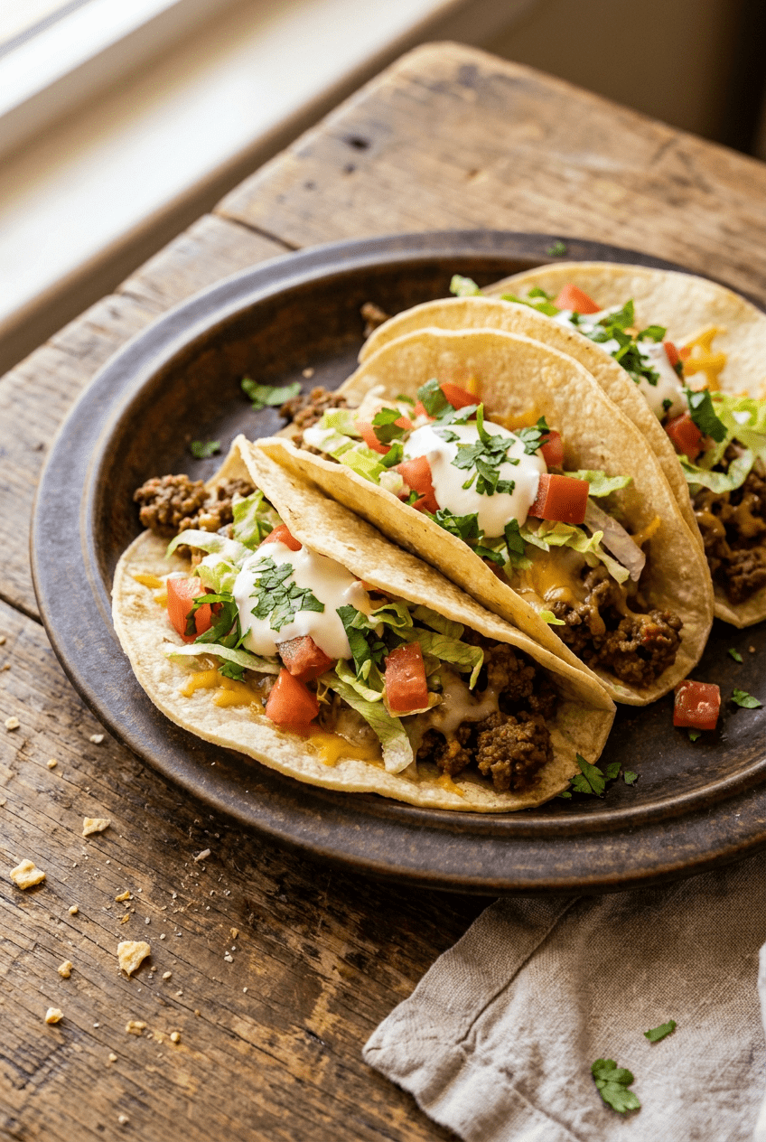 perfectly seasoned ground beef tacos recipe - Perfectly Seasoned Ground Beef Tacos served in a white bowl overhead view