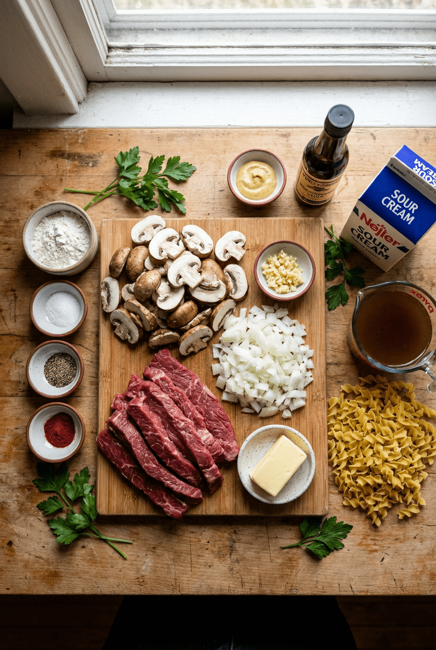 ingredients for Quick & Creamy Beef Stroganoff