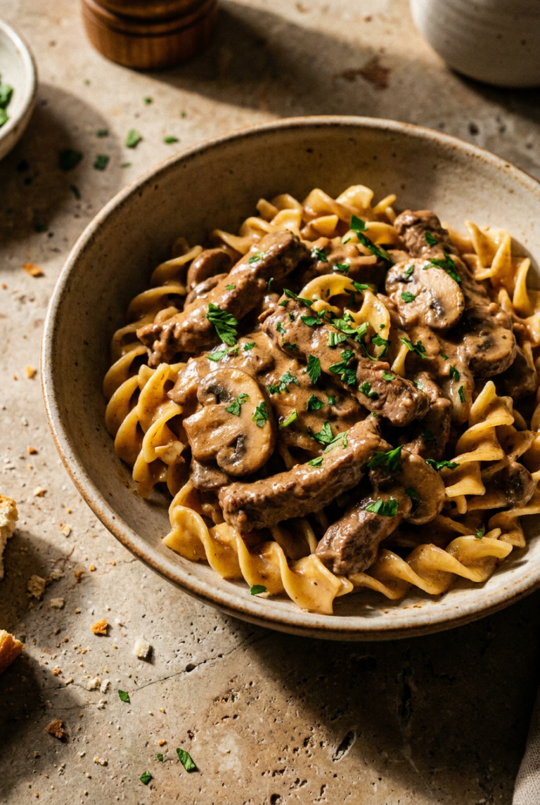 quick & creamy beef stroganoff recipe - Quick & Creamy Beef Stroganoff served in a white bowl overhead view