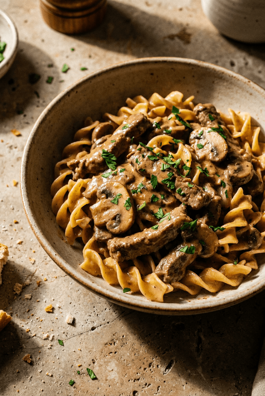 quick & creamy beef stroganoff recipe - Quick & Creamy Beef Stroganoff served in a white bowl overhead view