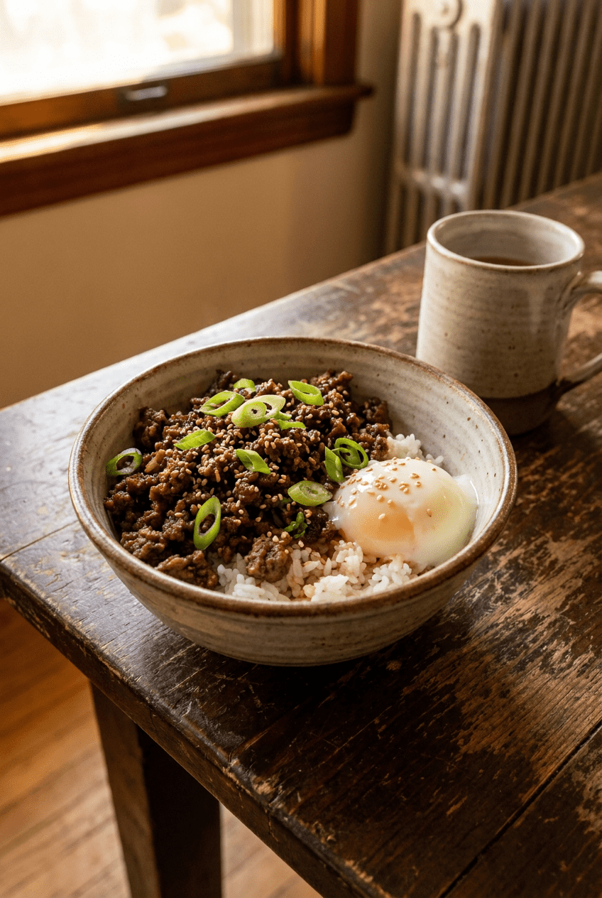 quick korean ground beef bowl recipe - Quick Korean Ground Beef Bowl served in a white bowl overhead view