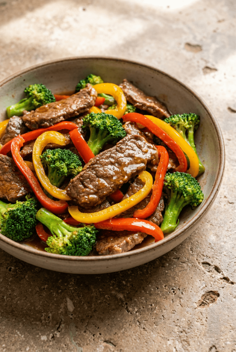 quick & savory beef stir fry with broccoli and peppers recipe - Quick & Savory Beef Stir Fry with Broccoli and Peppers served in a white bowl overhead view