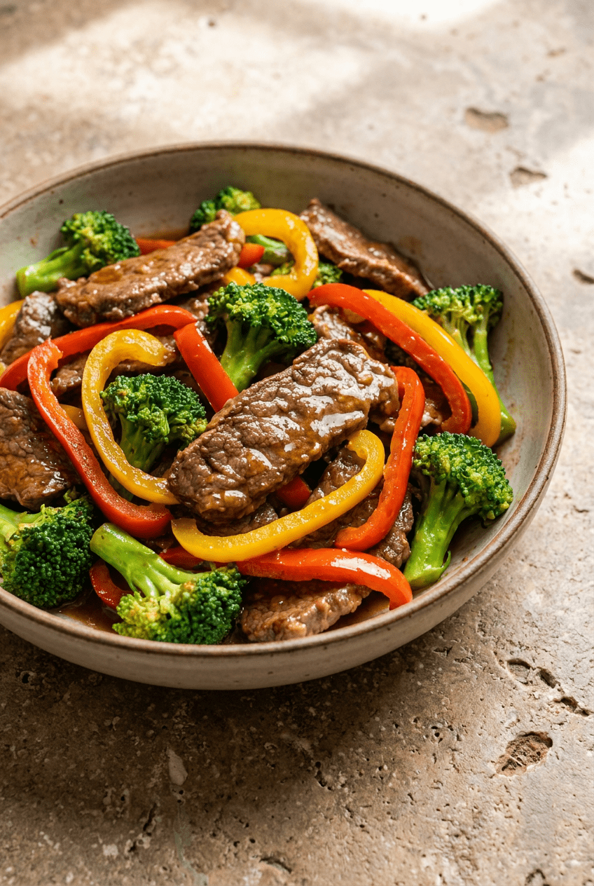 quick & savory beef stir fry with broccoli and peppers recipe - Quick & Savory Beef Stir Fry with Broccoli and Peppers served in a white bowl overhead view