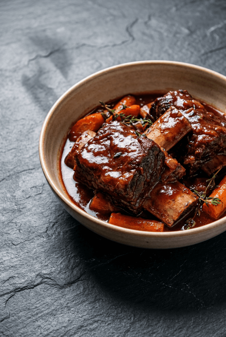 red wine–braised beef short ribs recipe - Red Wine–Braised Beef Short Ribs served in a white bowl overhead view