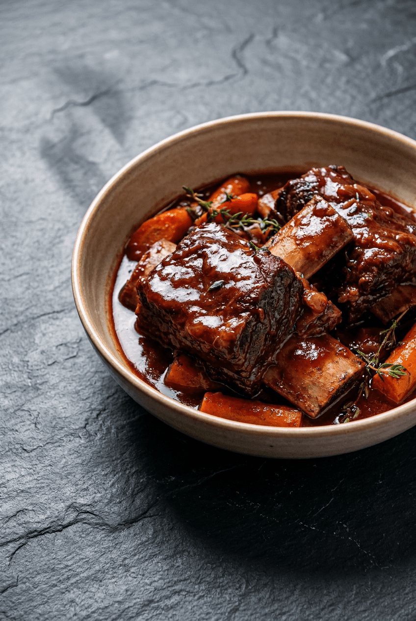 red wine–braised beef short ribs recipe - Red Wine–Braised Beef Short Ribs served in a white bowl overhead view