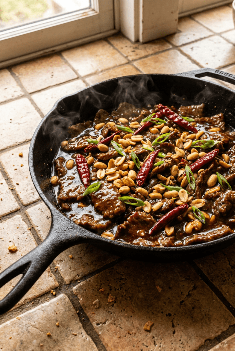 sizzling kung pao beef recipe - Sizzling Kung Pao Beef served in a white bowl overhead view