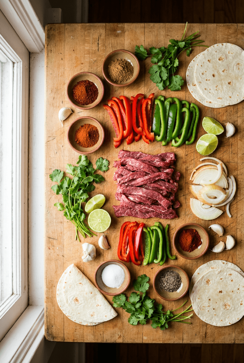 ingredients for Sizzling Skillet Beef Fajitas