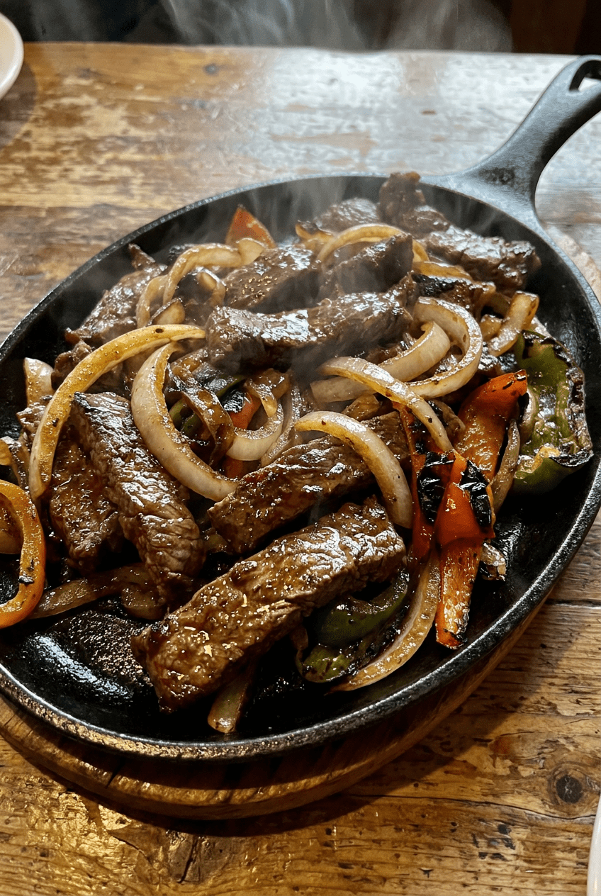 sizzling skillet beef fajitas recipe - Sizzling Skillet Beef Fajitas served in a white bowl overhead view