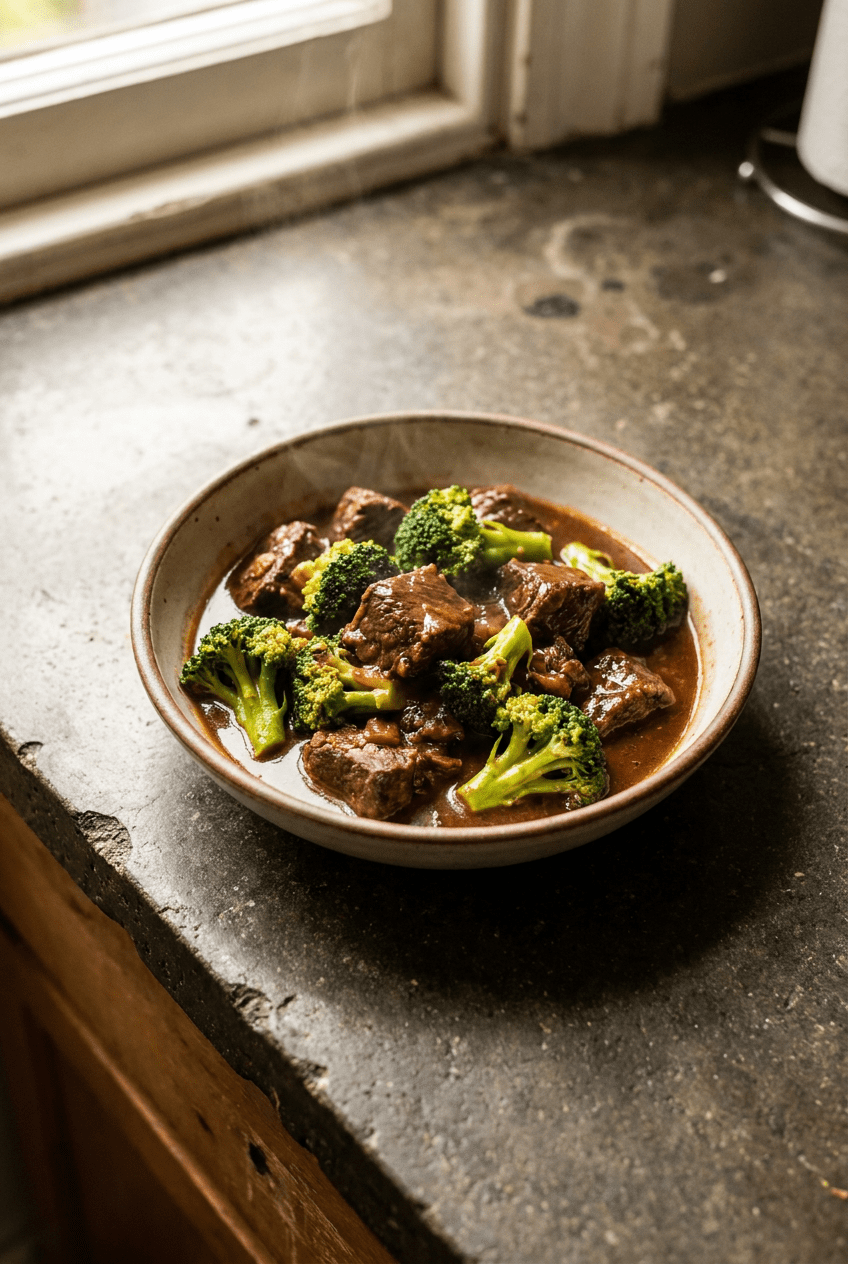 slow cooker beef and broccoli recipe - Slow Cooker Beef and Broccoli served in a white bowl overhead view