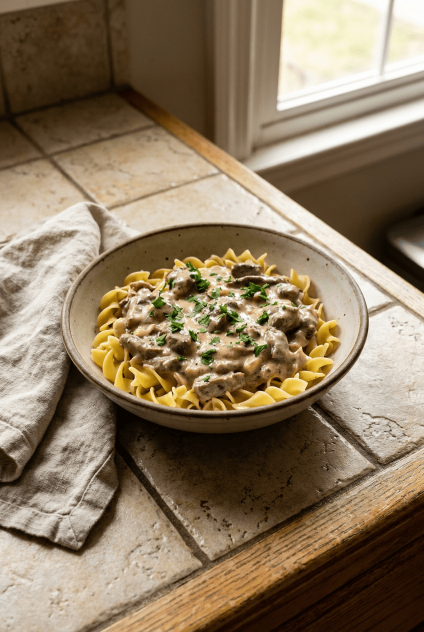 slow cooker beef stroganoff recipe - Slow Cooker Beef Stroganoff served in a white bowl overhead view