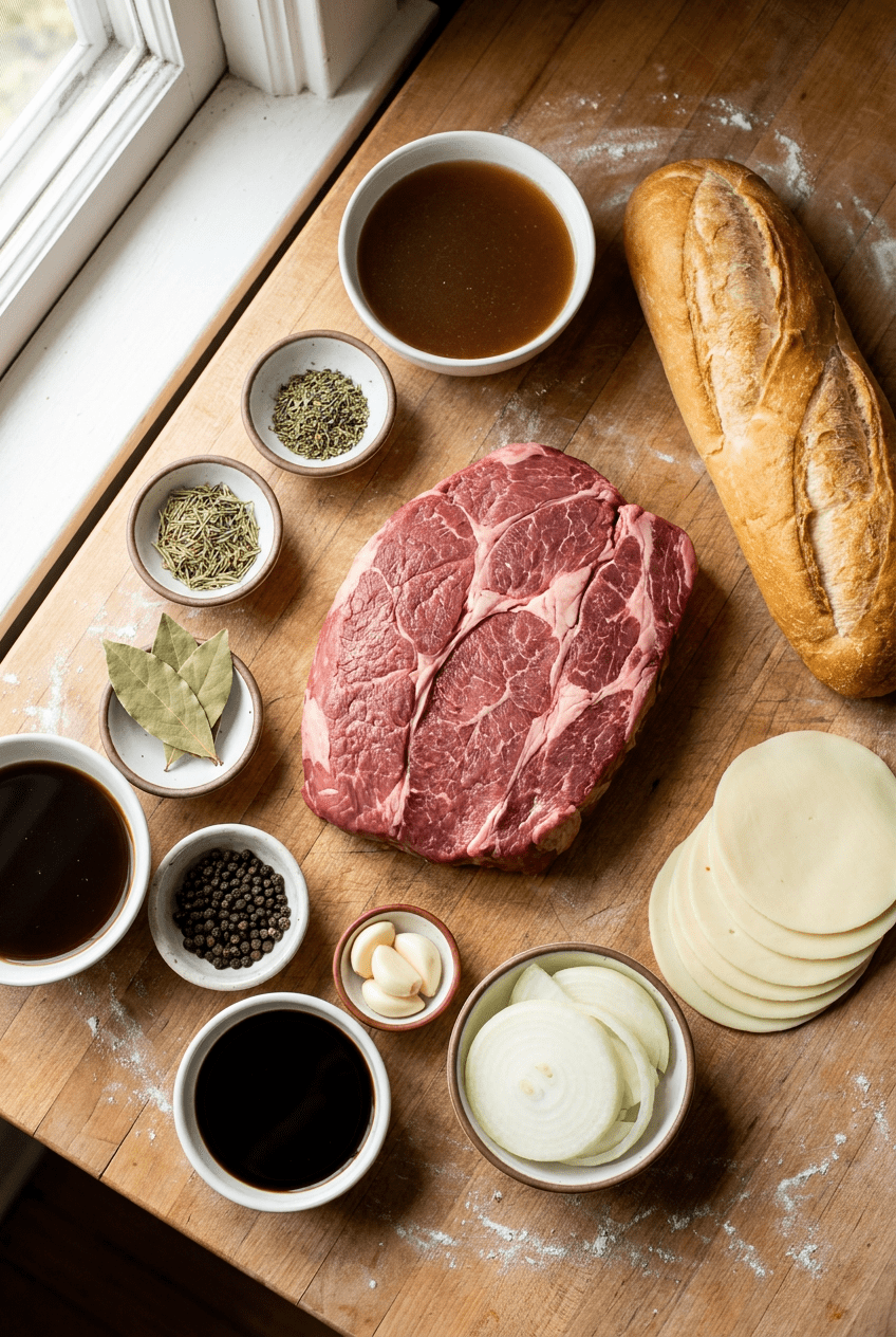 ingredients for Slow Cooker French Dip Sandwiches with Au Jus
