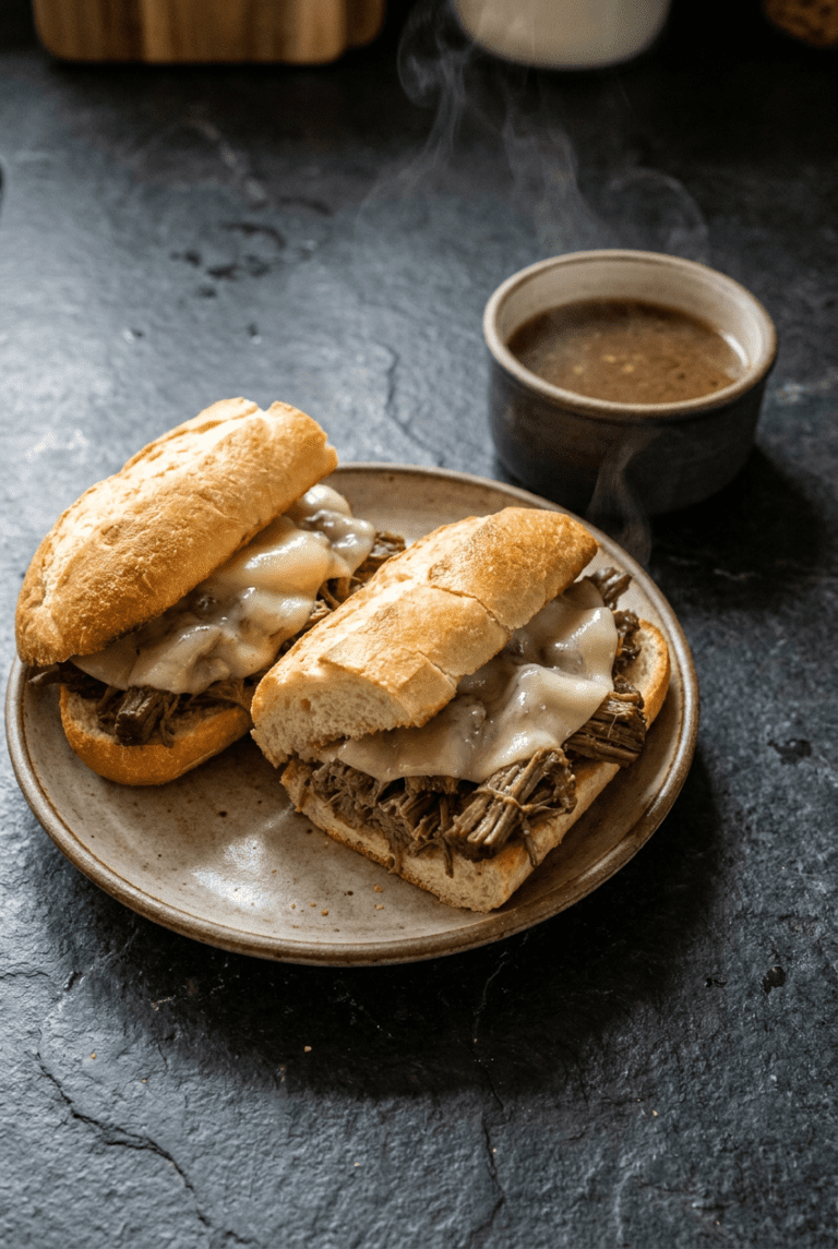 slow cooker french dip sandwiches with au jus recipe - Slow Cooker French Dip Sandwiches with Au Jus served in a white bowl overhead view