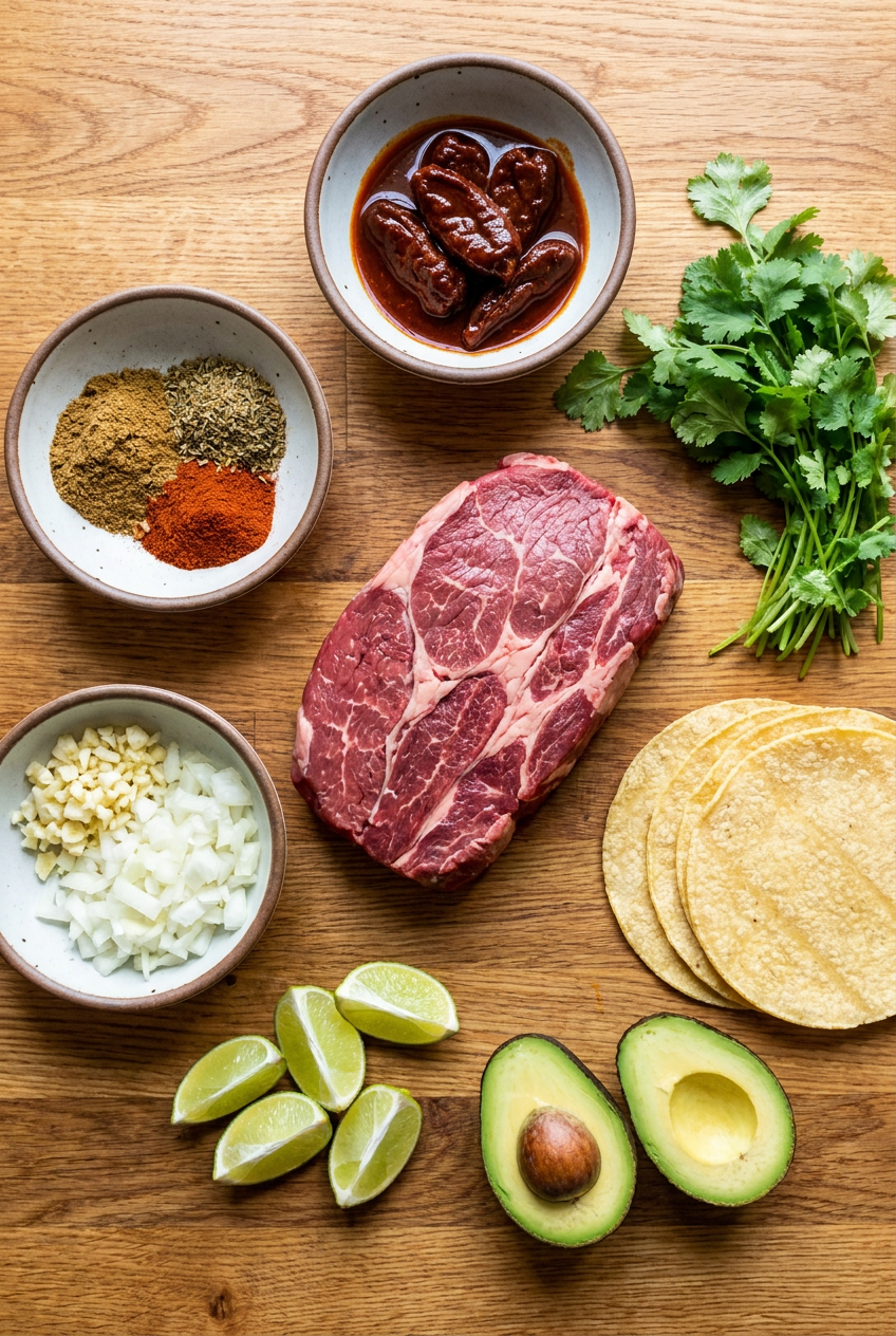 ingredients for Smoky Chipotle Shredded Beef Tacos