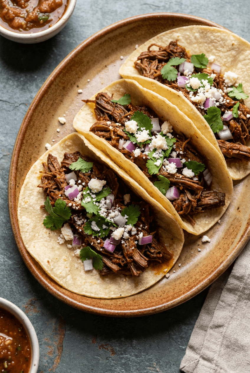smoky chipotle shredded beef tacos recipe - Smoky Chipotle Shredded Beef Tacos served in a white bowl overhead view