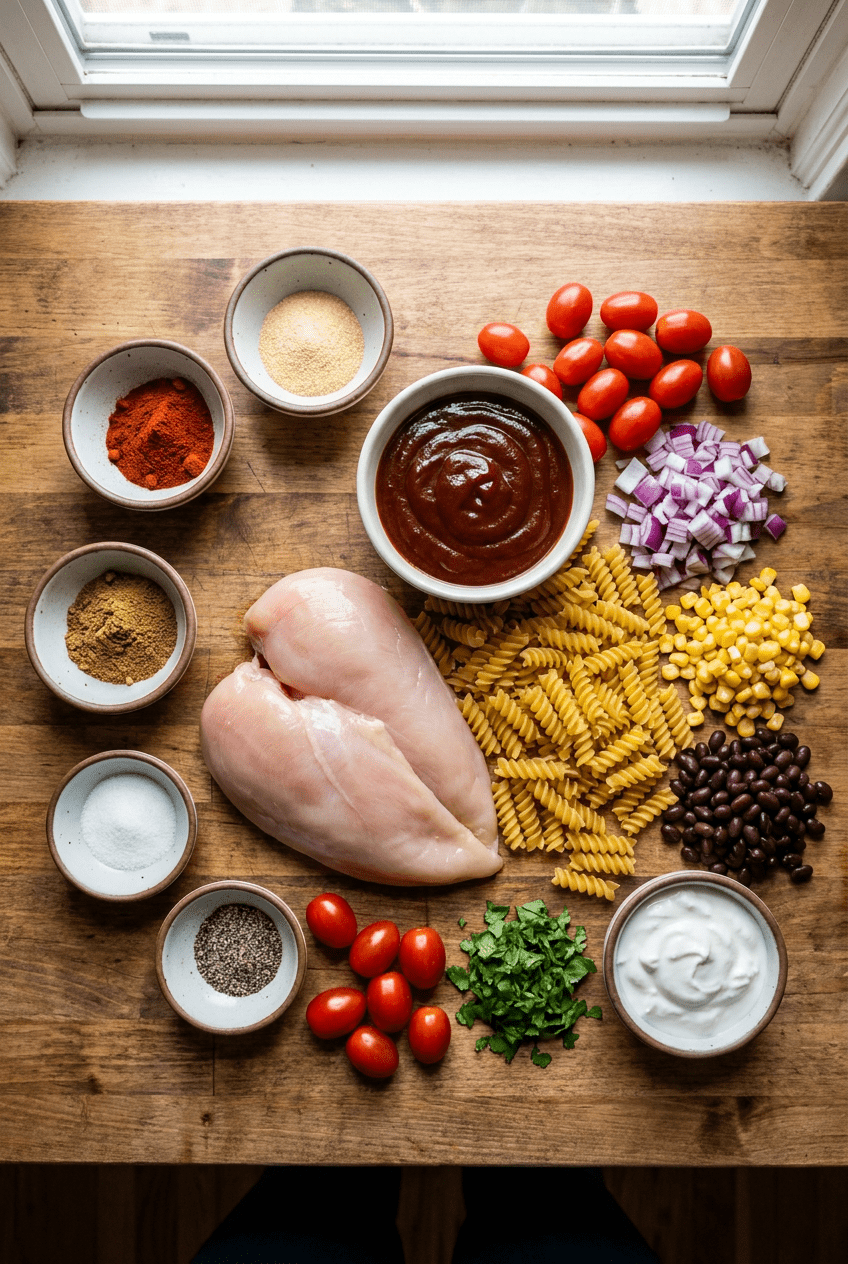 ingredients for Smoky High-Protein BBQ Chicken Pasta Salad