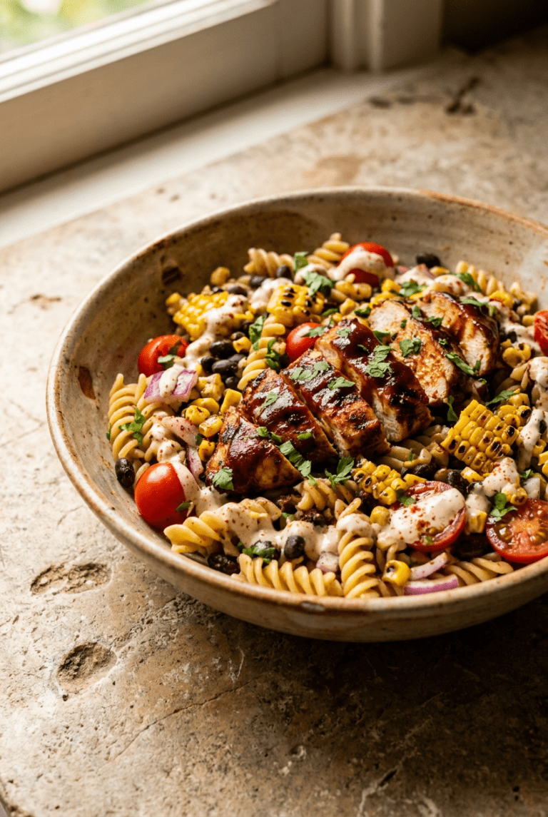 smoky high-protein bbq chicken pasta salad recipe - Smoky High-Protein BBQ Chicken Pasta Salad served in a white bowl overhead view